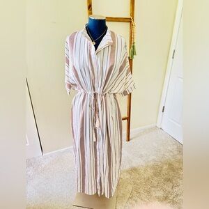 ETWO White Brown Stripe Button Down Tie Waist Short Sleeve Dress Size Small